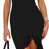 HYPERFIRE Women's Mesh Long Sleeve Square Neck Split Hem Party Club Cocktail Bodycon Mini Dress