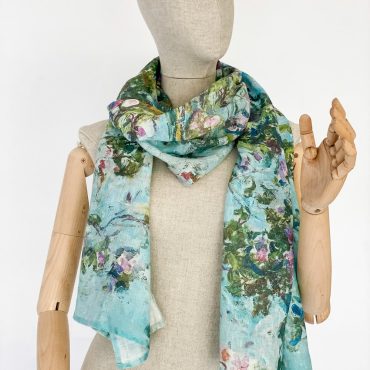 Scarf, Claude Monet, The Roses Bush, Light Turquoise scarf, linen scarf, stonewashed linen, women scarf, vintage scarf, gift for her