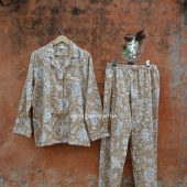 Indian Cotton Comfy Night Wear Pajama Set Beige Floral Print Long Pajamas Set, 100% Cotton Soft & Comfortable Bridesmaid Pajamas Dress PJ-39