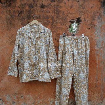 Indian Cotton Comfy Night Wear Pajama Set Beige Floral Print Long Pajamas Set, 100% Cotton Soft & Comfortable Bridesmaid Pajamas Dress PJ-39