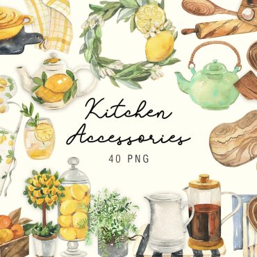 Watercolor Kitchen Accessories Clipart Kitchen wood tools Food Spices Lemons Cooking culinary digital download clip art PNG Hand Painted