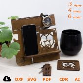 Wooden phone stand + keychain + coaster  ,Vector projects for CNC router and laser cutting, cnc Cut Vector stand phone laser cut 3mm 4mm 5mm