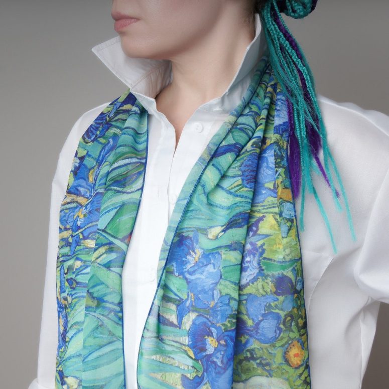 Blue Irises scarf Van Gogh shawl Floral print scarf Chiffon green scarf Painting scarf Art gift for her Summer light scarf Museum scarf