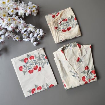 Light Weight Cotton Fabric Stitch Pajama Set Women Night Wear Dress, Indian Pajamas Set, Women Wear Cotton Shirt Set With Shorts And Bag Pjs