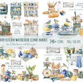 Watercolor kitchen clipart bundle, country kitchen clipart, accessories, tools, farmhouse, planner, cooking clipart, baking, old furniture