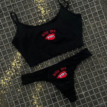 Bite me embroidered thong set