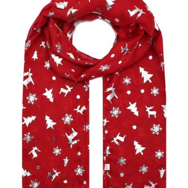 Christmas Scarf - Women's Scarves Silver Foil Reindeer & Snowflakes Trees Ladies Shawl Large Long Wrap