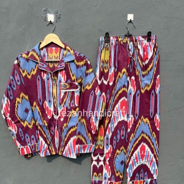 Indian 100% Cotton Purple Ikkat Print Women's Pajamas Set, Unisex Bridal Party Cotton Nightwear, Women Pj Set, Special Gifts, CPS-19