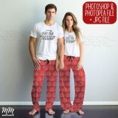 Printify AOP pajama pants couple mockup pyjamas pant blank white shirts couples white pj pant black drawstring smart object PSD JPG Download