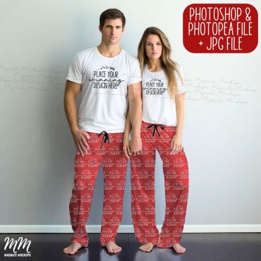 Printify AOP pajama pants couple mockup pyjamas pant blank white shirts couples white pj pant black drawstring smart object PSD JPG Download
