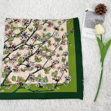 68cm 100% Mulberry Silk Scarf Square, Women's Scarf, Fashion Scarf, Bandana, Bag Accessory,Green cherry blossom butterfly silk scarf，Gift