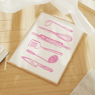 Kitchen Utensils Print, Digital Art Download, Pink Kitchen Decor, Foodie Art Poster, Cute Trendy Wall Art, Gift for Cook