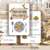 Printable Mud Kitchen Recipe Cards, Mud Kitchen Ideas, Mud Kitchen Ingredient Cards, Sensory Play Recipe Cards, Forest School, Montessori