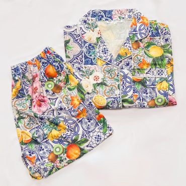 fruit print pajamas, fruit pattern pajamas, tile print pajamas, matching set pajamas, bride, birthday pajamas, monogram pajamas, fruit print