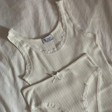 100% Fine Cotton White Pointelle Homewear Set Thick Straps