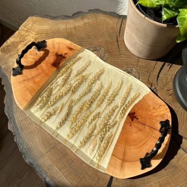 Natural Pear Wood Tray with White Epoxy Insert and Natural Wheat Ears, Small Wooden Tray, Kitchen Accessory with Metal Handles, Rustic Decor