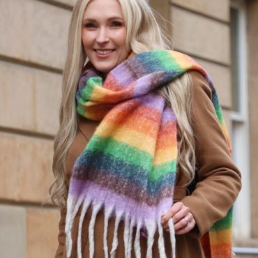 Blanket Scarf Women, Rainbow Scarf, Winter Knit Scarf, Heavyweight Scarf, Striped Fringe Scarf, Oversized Shawl, Personalized Gift for Her