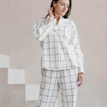 Charming Gridded Pajamas Set, Women's Sleepwear, 100% Cotton Pajama, Home Clothes For Her, Pant & Long Sleeve Shirt, Personalized Pajama Set