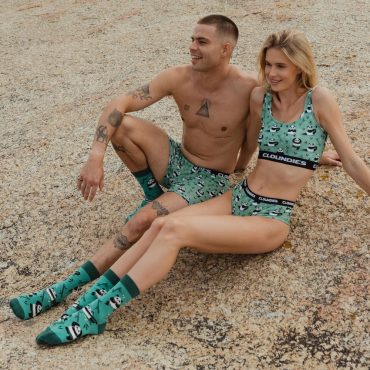 Couple Matching Underwear and Socks Set by Cloundies, Boxer, Bikini Panty and Bralette , Digital Printed,  Yoga Panda, Valentines Day Gift