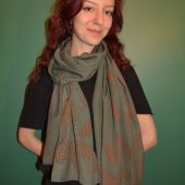 Green Cotton Scarf with Orange Leaf Design – Organic, Eco-Friendly, and All-Season Accessory- 27 inch x 70 inch (70 cm x 178 cm)
