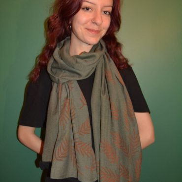 Green Cotton Scarf with Orange Leaf Design – Organic, Eco-Friendly, and All-Season Accessory- 27 inch x 70 inch (70 cm x 178 cm)