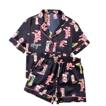 Personalized Western Satin Pajama Set, Monogram Black Cowgirl Boots Pattern Short Sleeve Shorts PJ Lounge Set, Bachelorette Party Matching