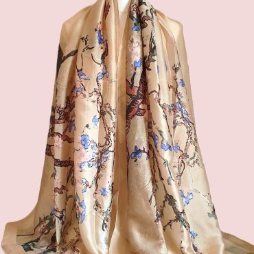 Luxury 100% Silk Scarf, Van Gogh Cream/Beige Silk Scarf, Personalised Gift For Her, Women Shawl, Almond Blossom Art, Gift Box/Card Available