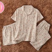 Women's Pajamas Comfortable Nightwear | Three Piece Set | Cotton Summer Sleepwear | Short Sleeved Shirt and Shorts | Loose Fit Pants