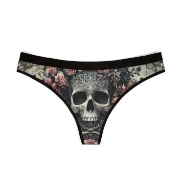 Gothic Floral Skull Thongs Edgy Womens Underwear Halloween Lingerie Unique Gifts for Her Alternative Fashion by BlackWolfB