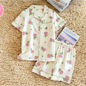 Women's Pajamas Two-Piece Set | Shorts and Lapel Collar Shirt | Printed Cotton Summer Sleepwear | Comfortable Relaxed Fit Loungewear