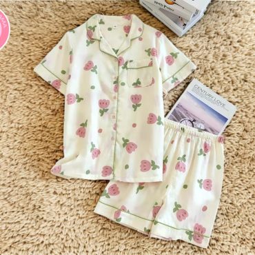 Women's Pajamas Two-Piece Set | Shorts and Lapel Collar Shirt | Printed Cotton Summer Sleepwear | Comfortable Relaxed Fit Loungewear