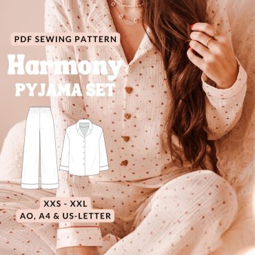 Pyjama set sewing pattern women pajama pants elastic pattern pj set classic ladies pyjamas blouse with collar and buttons pj pants pattern
