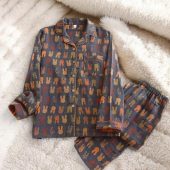 Simple Two Piece Cotton Pyjama Set, Matching Floral Print Pyjama, Loose Pants With Long Sleeves Collar Shirt, Summer Loungewear Gift For Her