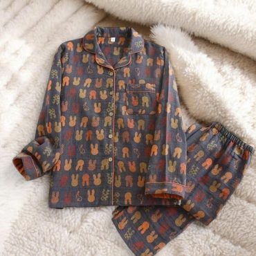 Simple Two Piece Cotton Pyjama Set, Matching Floral Print Pyjama, Loose Pants With Long Sleeves Collar Shirt, Summer Loungewear Gift For Her