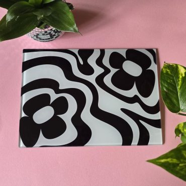Monochrome Funky Vibey Glass Chopping Board | Shatterproof Glass Space Saver Surface Protector | Black & White Kitchen Cutting Accessories