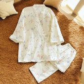 Cute Kimono Robe Style Matching Pyjama Set, Stylish Cotton Gauze Fabric Womens Pyjama, V Neck Wrap Top With Loose Pyjama Pants, Gift For Her