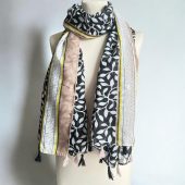 Black Leaf Printed Cotton Scarf – Lightweight, Soft & Stylish Wrap, Boho Chic, Nature-Inspired Gift for Women