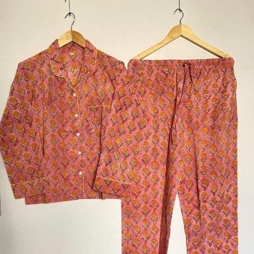 Block printed Cotton Pajamas | Shirt and Trouser Pajama Set | Soft Cotton Loungewear | Floral Print PJ Set | Women's Pajamas